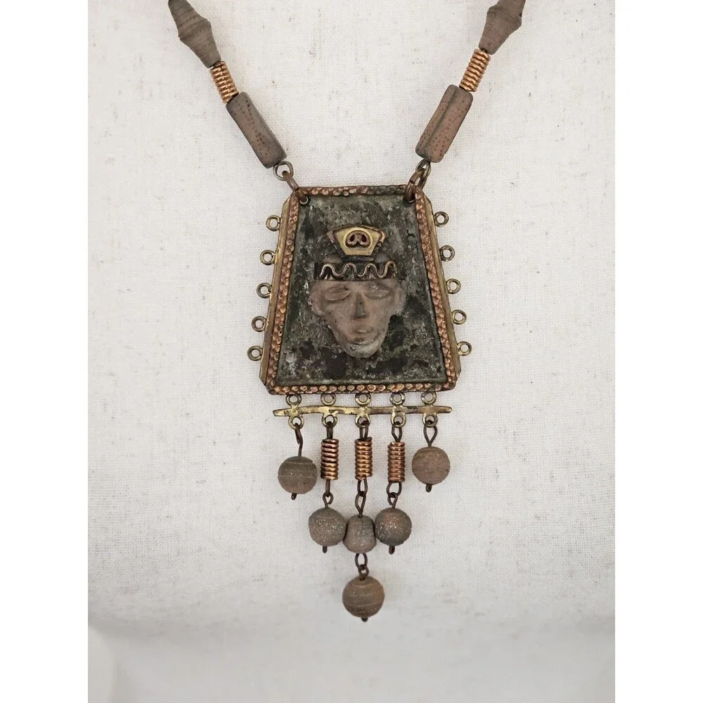 Vintage 1960s-70s Mexico Stamped Mixed Metal Necklace - Maya Ethnic Mask Pendant - Picture 4 of 12